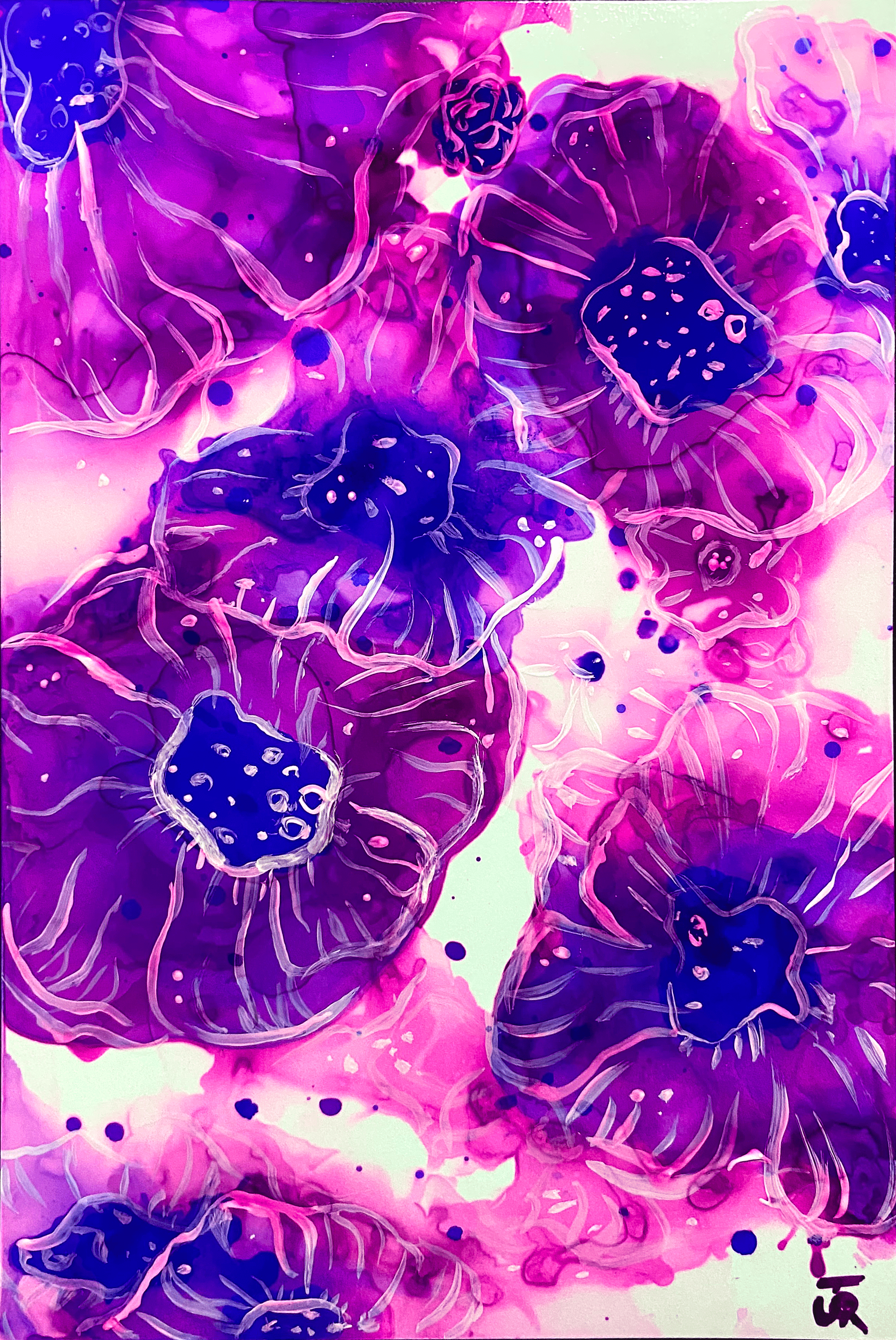 Ink Blneded Flowers. Alcohol ink and white acrylic paint