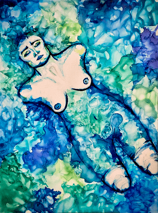 girl floaing with her head above water. Alcohol Ink.