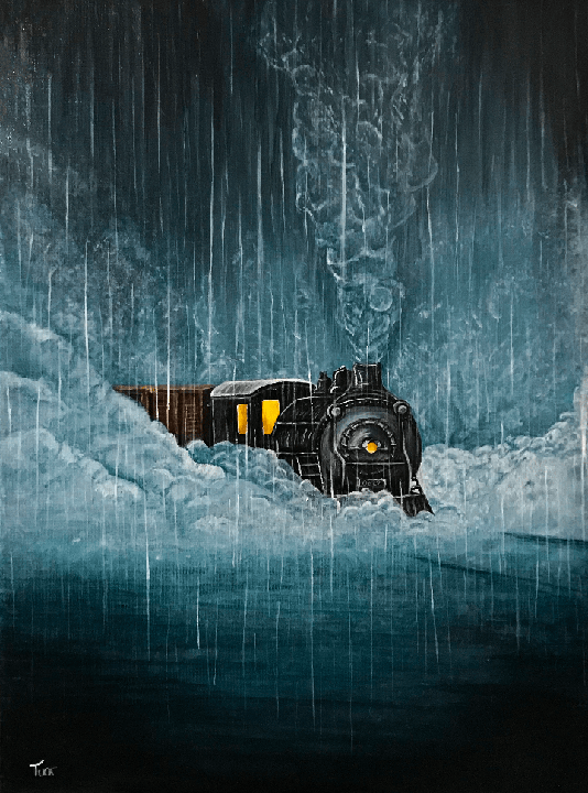 Train breaching through a storm. Acrylic On Canvas